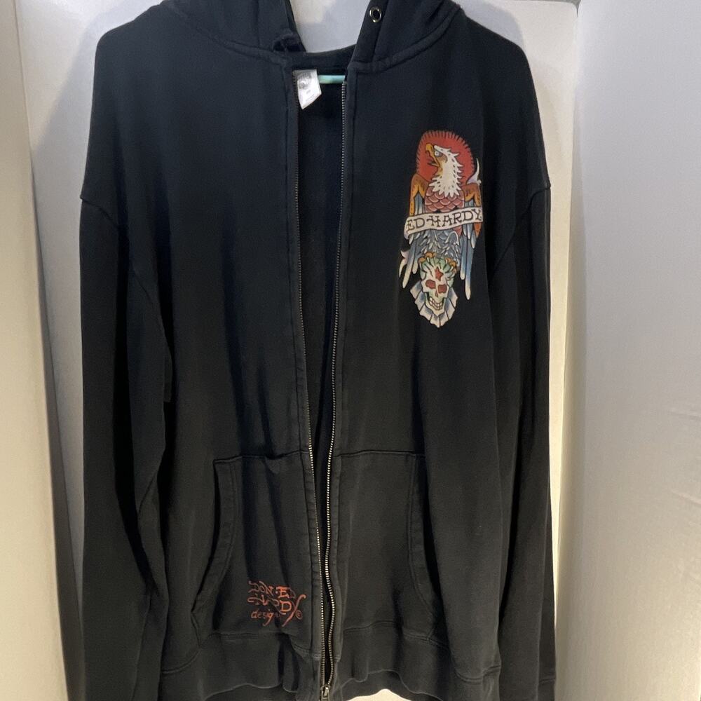 Ed Hardy Men's Black Full Zip Hooded Fleece Hoodie Pockets Skull Eagle Size L